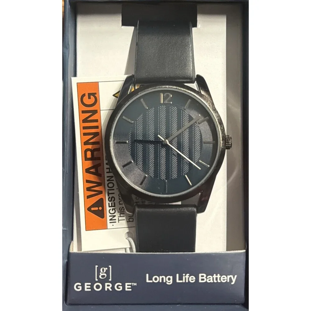 George Mens Watch Gunmetal Case Blue Textured Dial Black Vegan Leather FMDOGE035